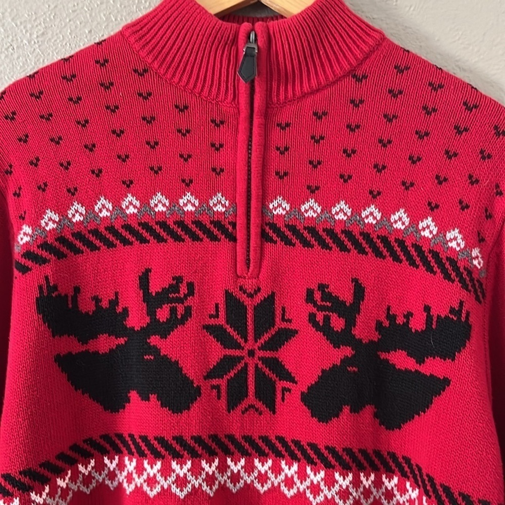 Vintage 90s Chaps Moose Nordic Sweater Men’s L Red 1/4 Zip 100% Cotton - Picture 5 of 15